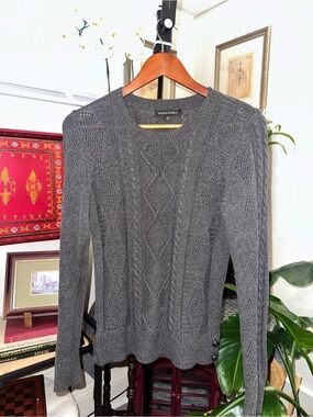 Banana Republic Women's Charcoal Gray Cable Crewneck Sweater with Button Detail
